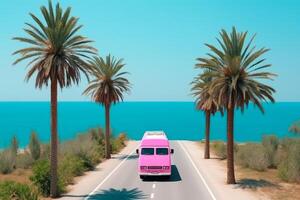 brillante rosado coche en playa la carretera con palma árbol y Oceano fondo, verano vacaciones generativo ai foto