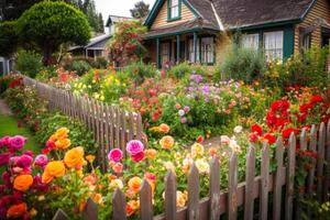 país de madera casa con verano flores en el porche generativo ai foto
