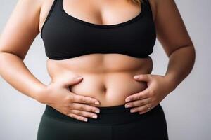 overweight woman in sportswear with mild obesity holding her stomach photo