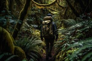 man hike on green jungle forest , active lifestyle study nature photo