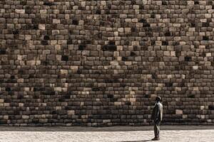 man on the background of the mockup of a high empty stone wall photo