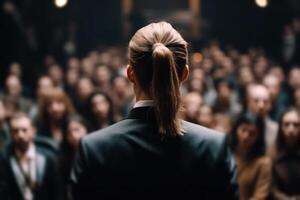 a woman speaks to a large audience in the hall, presentation business training photo