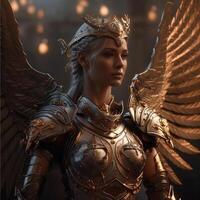 Fantasy female warrior in a golden armor with a crown. Character design. photo