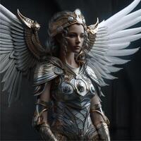 Fantasy female warrior in a golden and silver armor with a crown and wings. Character design. photo