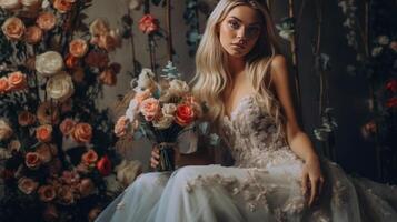 Bride sitting with flowers. Illustration photo