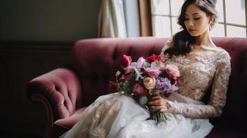 Bride sitting with flowers. Illustration photo