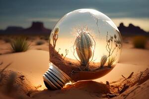 generativo ai contenido, ligero bulbo con un cactus dentro en el antecedentes de el desierto. tierra día, proteccion y conservación de energía. foto