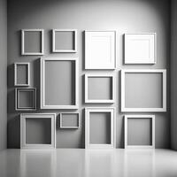 content, many empty frames on a white wall. Mockup for an art gallery. Pictures, banners, frames photo