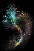 content, Multicolor powder explosion on black background. Colored cloud. Colorful dust explode. Paint Holi. photo