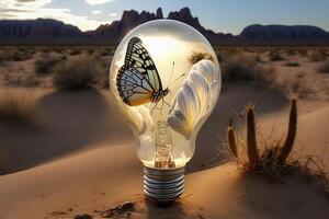 content, butterfly inside a light bulb on the background of the desert. Earth day. photo