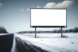 generativo ai contenido, grande blanco al aire libre cartelera modelo con blanco Copiar espacio. invierno nieve foto