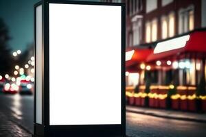 content, Blank white mock up of vertical light box in a bus stop at night photo