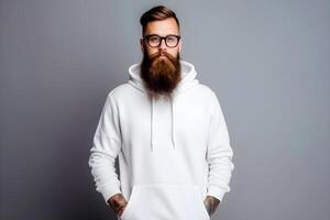 content, Urban portrait of a handsome hipster with a beard in a white blank hoodie with space for your logo or design. photo