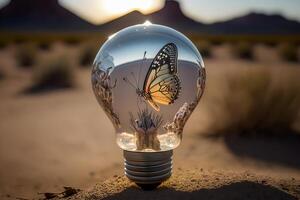 content, butterfly inside a light bulb on the background of the desert. Earth day. photo