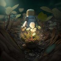 content, Earth Day. sprout in a light bulb against the background of a summer forest. photo