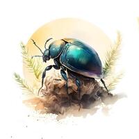 content, large beetle on the background of the sun. watercolor technique. dung beetle on white background photo