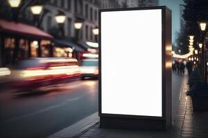 content, Blank white mock up of vertical light box in a bus stop at night photo