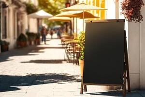 generativo ai contenido, menú firmar Bosquejo en pizarra ciudad cafetería, al aire libre signo. Bosquejo foto