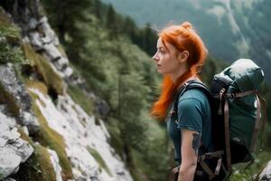 content, a young girl with a backpack enjoys the sunrise at the peak of the mountain. Tourist traveler on background mockup. photo