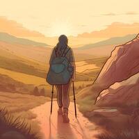generativo ai contenido, un mujer en un montaña parte superior es excursionismo a amanecer. senderismo. aventura. paisaje ilustración. foto
