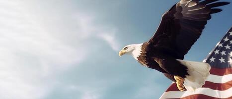 generativo ai contenido, largo bandera con Copiar espacio. águila con americano bandera volador gratis. julio 4to, independencia día foto