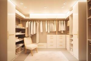 content, Dressing room with white clothes in light shades. minimal scandinavian wooden dressing room with wardrobe. photo