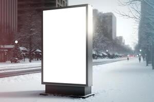 content, mockup, vertical glowing advertising banner on city street in winter. photo