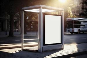 generativo ai contenido, vertical blanco blanco cartelera a autobús detener en ciudad calle. burlarse de arriba. póster en calle siguiente a calzada. foto