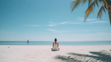 mujer meditación en playa. ilustración ai generativo foto