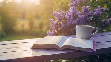 Cup of coffee with book and Lilly flowers. Illustration photo