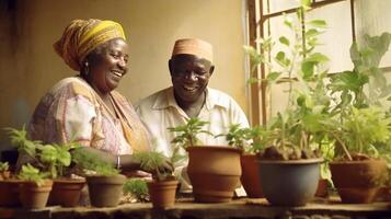 antiguo Pareja jardinería a hogar. ilustración ai generativo foto