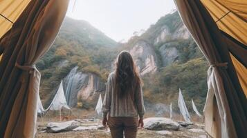 Girl travels through the mountains glamping. Illustration photo