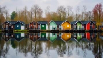 fila de vistoso de madera casas ilustración ai generativo foto