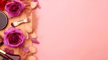 Pink background with cosmetic products. Illustration photo