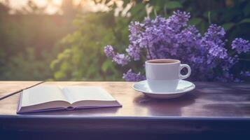 Cup of coffee with book and Lilly flowers. Illustration photo