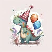 linda acuarela cumpleaños dinosaurio ilustración ai generativo foto