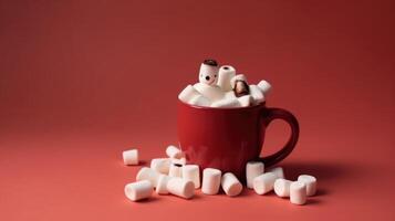 Red hot chocolate mug with melted marshmallows. Illustration photo