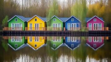 fila de vistoso de madera casas ilustración ai generativo foto