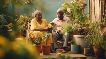 antiguo Pareja jardinería a hogar. ilustración ai generativo foto