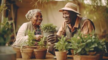 antiguo Pareja jardinería a hogar. ilustración ai generativo foto