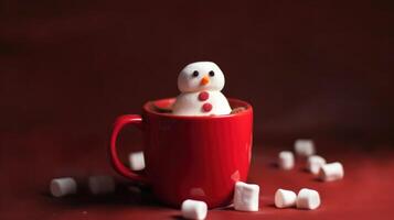 Red hot chocolate mug with melted marshmallows. Illustration photo