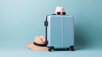 Blue background with suitcase. Illustration AI Generative photo