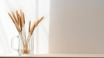 Mug and transparent vase with dry spikelets. Illustration photo