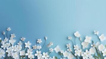 White spring flowers on blue background. Illustration AI Generative photo