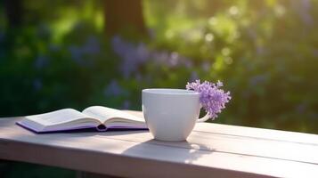 Cup of coffee with book and Lilly flowers. Illustration photo