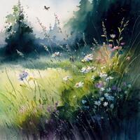 Watercolor summer meadow. Illustration photo