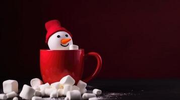 Red hot chocolate mug with melted marshmallows. Illustration photo