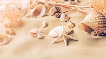 Sandy background with starfish and shells. Illustration photo