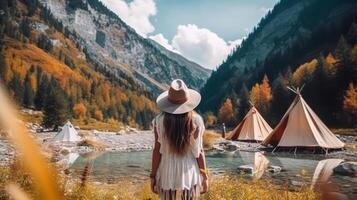 Girl travels through the mountains glamping. Illustration photo