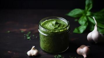 verde pesto salsa. ilustración ai generativo foto